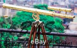 Vintage Nautical Design Antique Brass Spyglass Telescope With Wooden Big Tripod