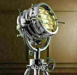 Vintage Nautical Designer Chrome Search spot light With Wooden Tripod Floor lamp