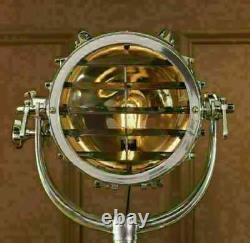 Vintage Nautical Designer Chrome Search spot light With Wooden Tripod Floor lamp