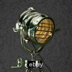 Vintage Nautical Designer Chrome Search spot light With Wooden Tripod Floor lamp