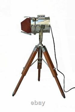 Vintage Nautical Desk Search Light with Wooden Tripod Home Decor Nickle Finish