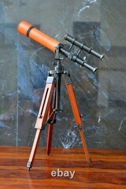 Vintage Nautical Double Barrel Brass Telescope With Wooden Tripod Decorative