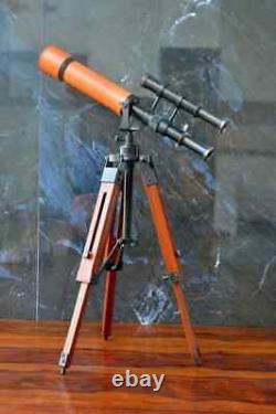 Vintage Nautical Double Barrel Brass Telescope With Wooden Tripod Decorative