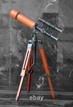 Vintage Nautical Double Barrel Brass Telescope With Wooden Tripod Decorative