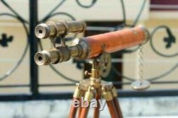 Vintage Nautical Double Barrel Leather Telescope With Wooden Tripod Stand