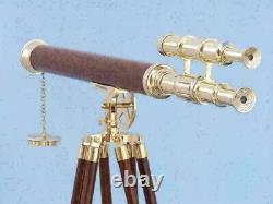 Vintage Nautical Double Barrel Wooden Telescope With Wooden Tripod Stand NM30
