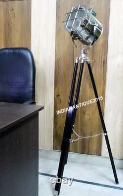 Vintage Nautical Floor Searchlight With Natural Wooden Tripod Stand