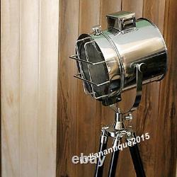 Vintage Nautical Floor Searchlight With Natural Wooden Tripod Stand