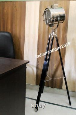 Vintage Nautical Floor Searchlight With Natural Wooden Tripod Stand