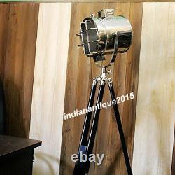 Vintage Nautical Floor Searchlight With Natural Wooden Tripod Stand