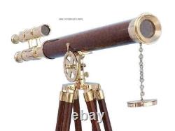 Vintage Nautical Floor Standing Brass Telescope With Wooden Tripod Stand Gift