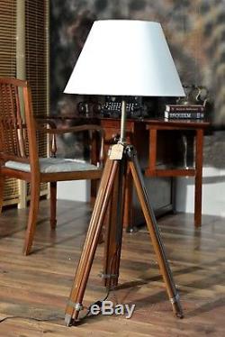 Vintage Nautical Height Adjustable Wood Tripod Floor Lamp Lounge Light Brass