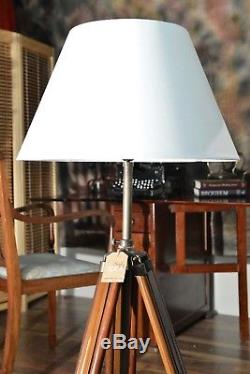 Vintage Nautical Height Adjustable Wood Tripod Floor Lamp Lounge Light Brass