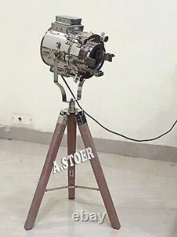 Vintage Nautical Hollywood Studio Spotlight Style With Wooden Tripod Stand Light