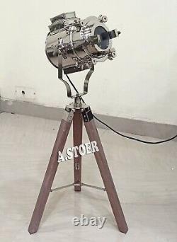 Vintage Nautical Hollywood Studio Spotlight Style With Wooden Tripod Stand Light