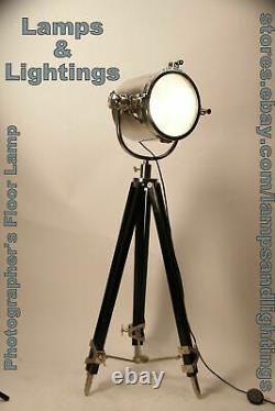 Vintage Nautical Marine Spotlight Searchlight Wooden Tripod Floor Lamp