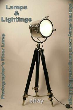 Vintage Nautical Marine Spotlight Searchlight Wooden Tripod Floor Lamp Decor