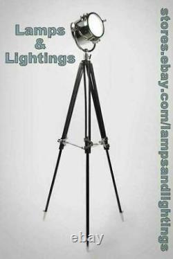 Vintage Nautical Marine Spotlight Searchlight Wooden Tripod Floor Lamp Decor