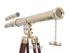 Vintage Nautical Navy Brass Double Barrel Telescope With Wooden Tripod Stand