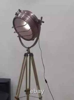 Vintage Nautical Searchlight Spotlight Lamp Floor Tripod Wooden Tripod Decor