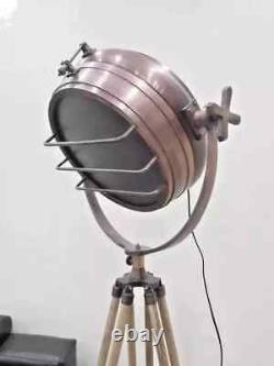 Vintage Nautical Searchlight Spotlight Lamp Floor Tripod Wooden Tripod Decor