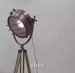 Vintage Nautical Searchlight Spotlight Lamp Floor Tripod Wooden Tripod Decor