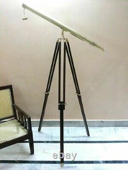 Vintage Nautical Silver Brass Telescope With Wooden Tripod Stand Decorative Gift