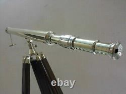 Vintage Nautical Silver Brass Telescope With Wooden Tripod Stand Decorative Gift