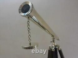 Vintage Nautical Silver Brass Telescope With Wooden Tripod Stand Decorative Gift