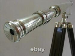 Vintage Nautical Silver Brass Telescope With Wooden Tripod Stand Decorative Gift