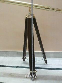 Vintage Nautical Silver Brass Telescope With Wooden Tripod Stand Decorative Gift