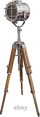 Vintage Nautical Silver Searchlight with Teak Wooden Adjustable Tripod Stand