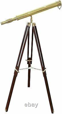 Vintage Nautical Solid Brass Telescope Antique with Wooden Gift Tripod Decorative