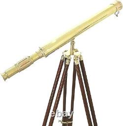 Vintage Nautical Solid Brass Telescope Antique with Wooden Gift Tripod Decorative