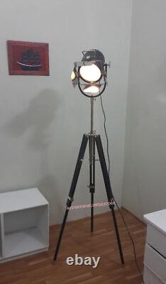 Vintage Nautical Spot Light Floor lamp Searchlight With Tripod Wooden Stand lamp