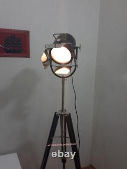 Vintage Nautical Spot Light Floor lamp Searchlight With Tripod Wooden Stand lamp
