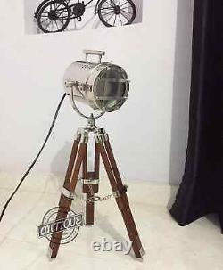 Vintage Nautical Spot-light Wooden Tripod Floor Lamp Stand Searchlight Home