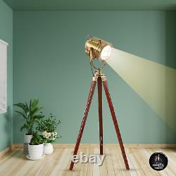 Vintage Nautical Spotlight Floor Lamp on Wooden Tripod Perfect Home Decor