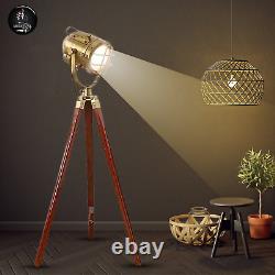 Vintage Nautical Spotlight Floor Lamp on Wooden Tripod Perfect Home Decor