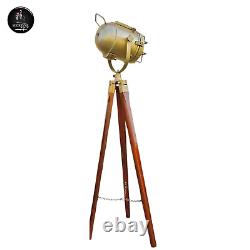 Vintage Nautical Spotlight Floor Lamp on Wooden Tripod Perfect Home Decor