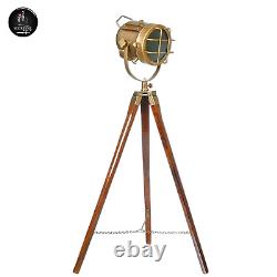 Vintage Nautical Spotlight Floor Lamp on Wooden Tripod Perfect Home Decor