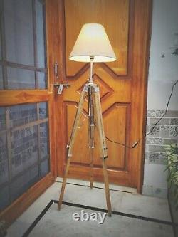 Vintage Nautical Tripod Floor Lamp Natural Teak Wooden Shade Stand Home Decor