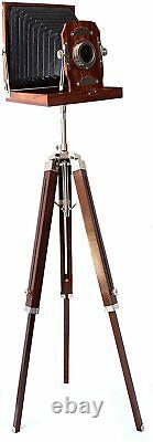 Vintage Old Navy Brown Wooden Camera on Brown Wooden tripod For Home Decor Gifts