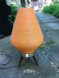 Vintage Pair Mid Century Modern Atomic Beehive Lamp White Wood Tripod Legs