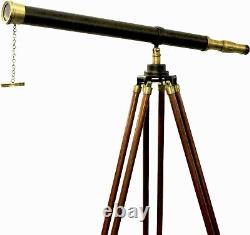 Vintage Pirates Wooden Tripod Telescope Brass Finish Adjustable Marine Stand