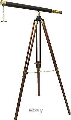 Vintage Pirates Wooden Tripod Telescope Brass Finish Adjustable Marine Stand