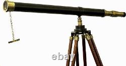 Vintage Pirates Wooden Tripod Telescope Brass Finish Adjustable Marine Stand