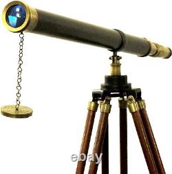 Vintage Pirates Wooden Tripod Telescope Brass Finish Adjustable Marine Stand