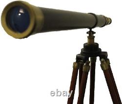 Vintage Pirates Wooden Tripod Telescope Brass Finish Adjustable Marine Stand