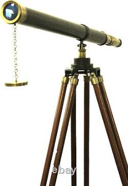 Vintage Pirates Wooden Tripod Telescope Brass Finish Adjustable Marine Stand